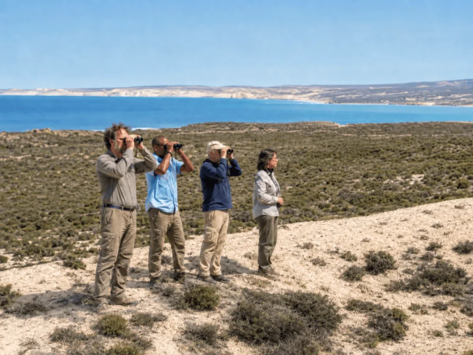 Birdwatchers between Monte scrub and the Puerto Madryn coast